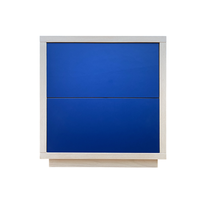 QBO comodino 2 cassetti frassino e linoleum naturale blue frontale sfondo trasparente 1